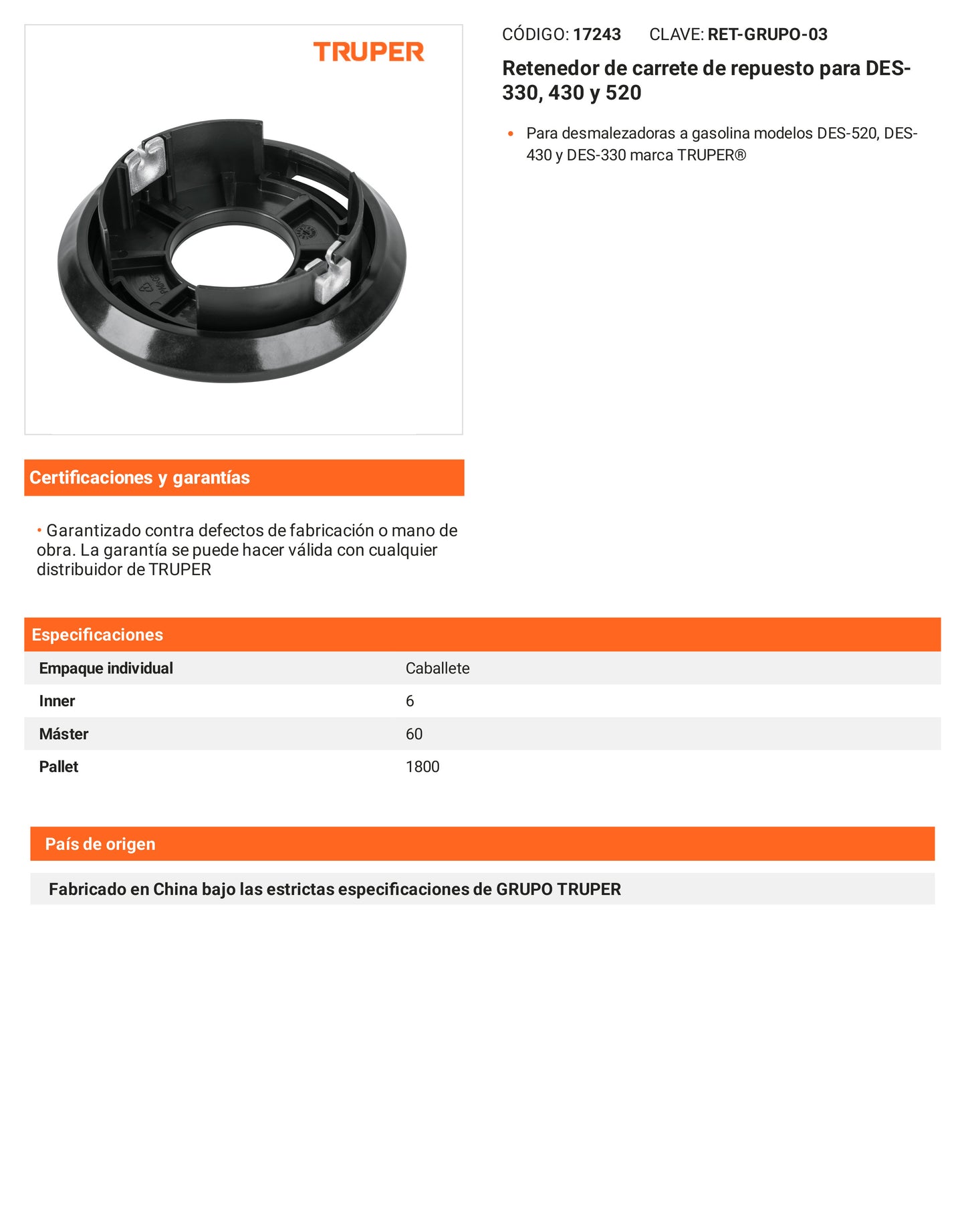 Ficha tecnica - Retenedor de carrete para DES-330 - SKU 17243