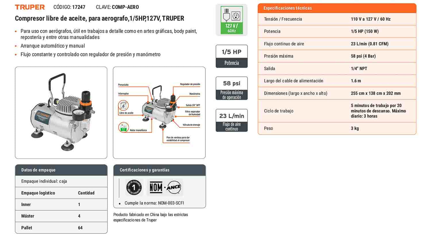 Compresor para aerógrafo 1/5 HP