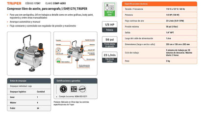 Compresor para aerógrafo 1/5 HP