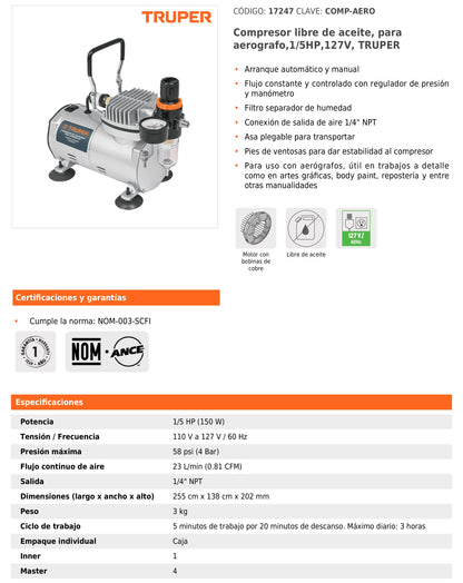 Compresor libre de aceite para aerógrafo de 1/5 HP y 127 V