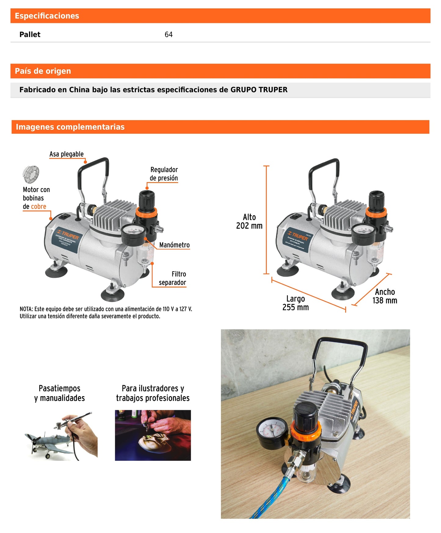 Compresor libre de aceite para aerógrafo de 1/5 HP y 127 V