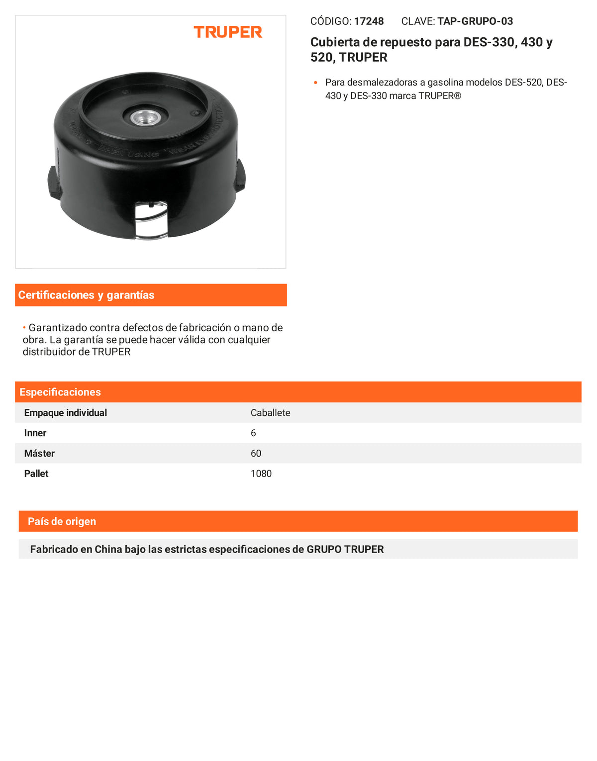 Ficha tecnica - Cubierta para DES-330 - SKU 17248