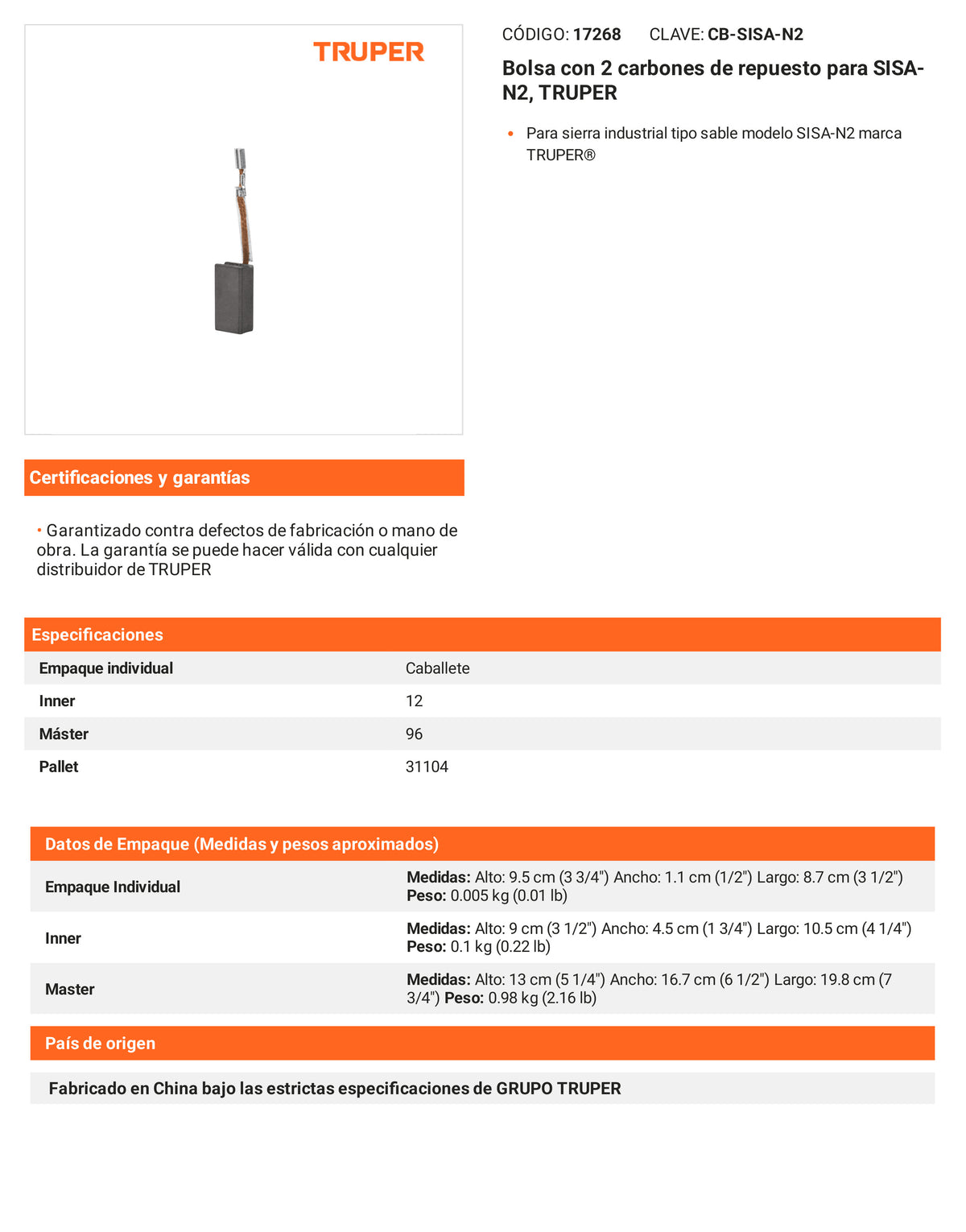 Ficha tecnica - 2 carbones para SISA-N2 - SKU 17268