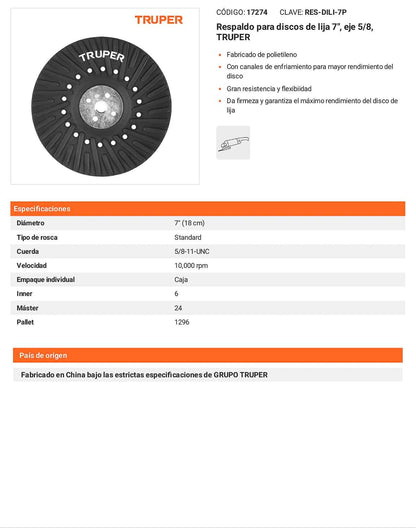 Respaldo disco de lija 7 pulg 5/8