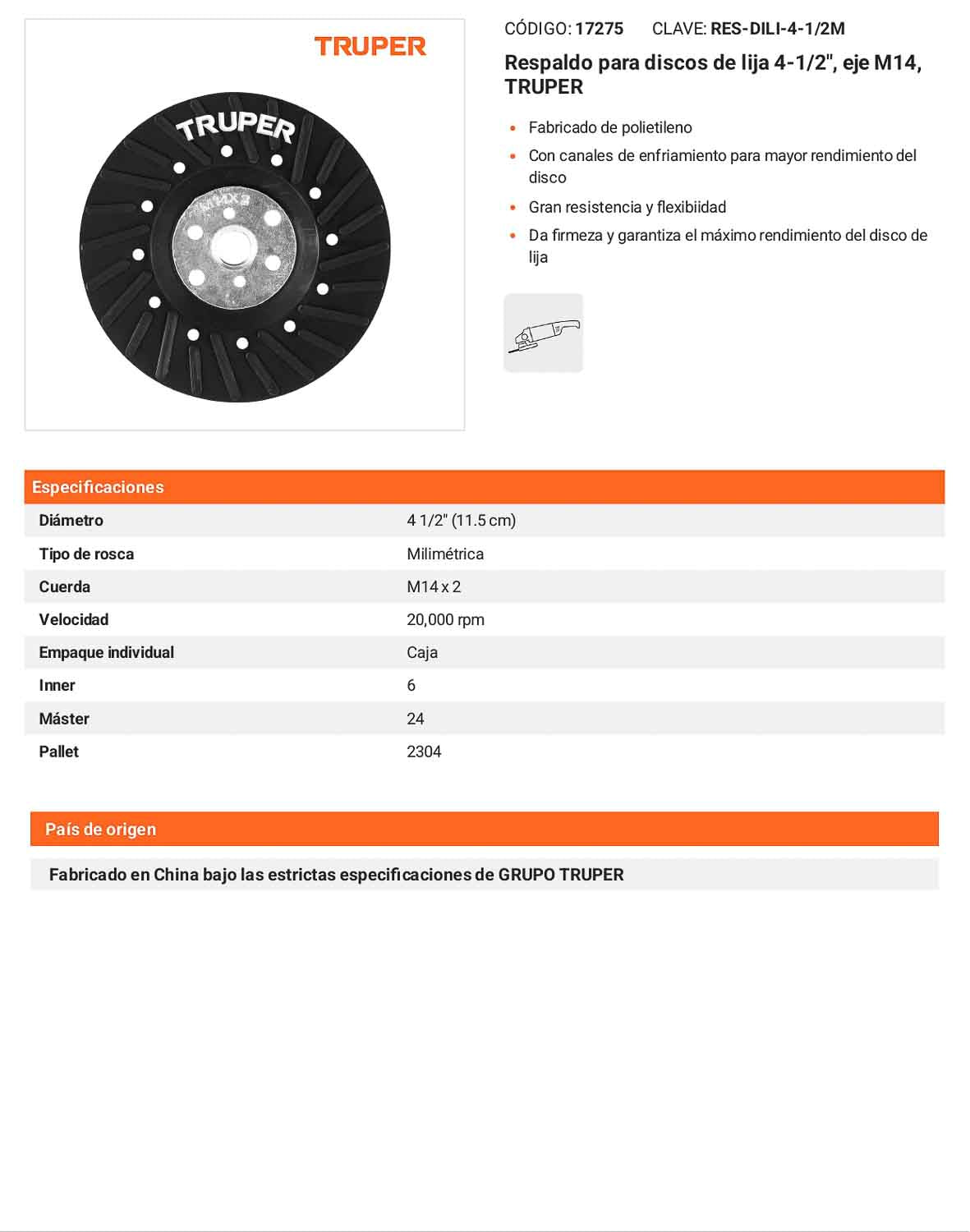 Respaldo disco de lija 4-1/2 pulg M14