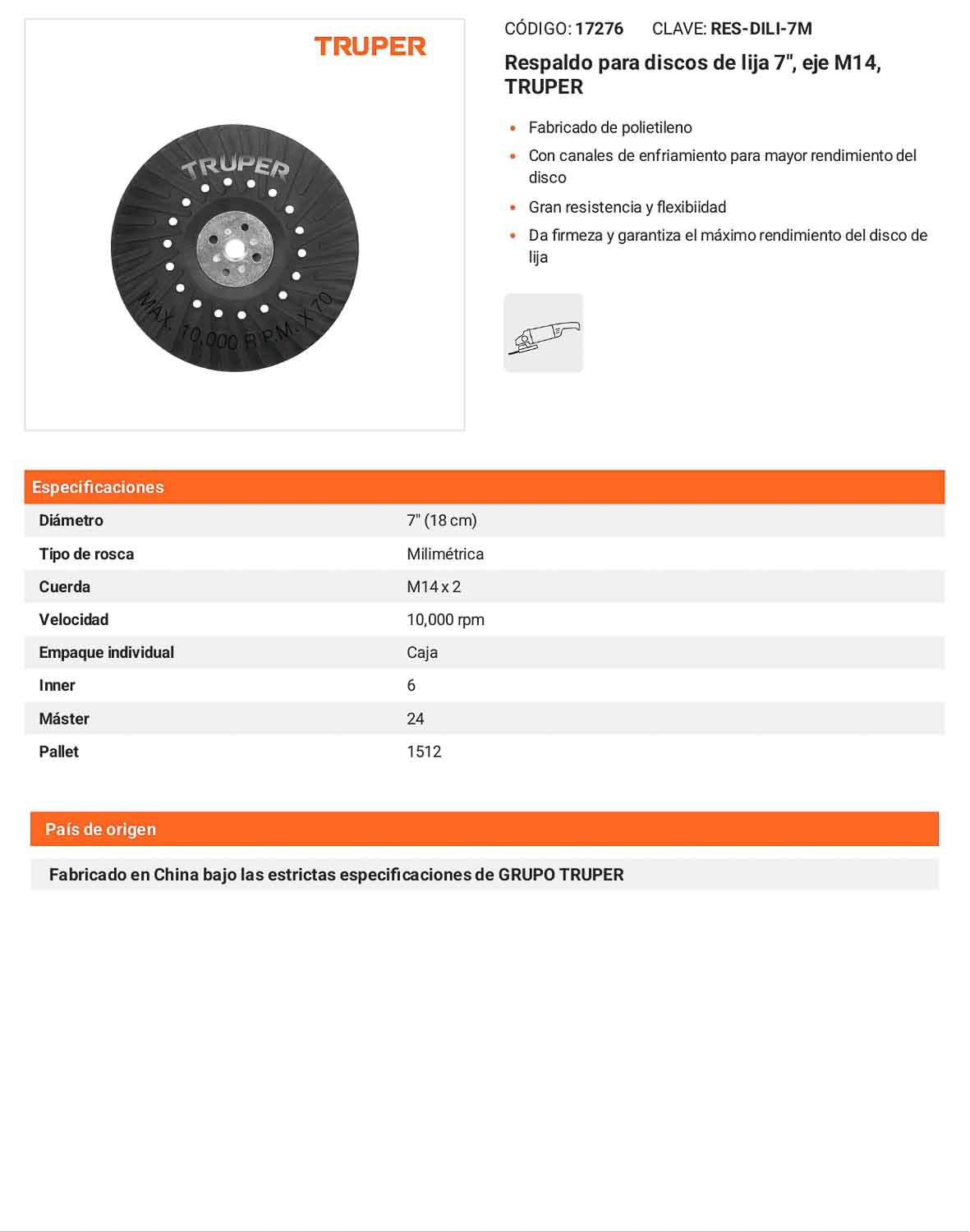 Respaldo disco de lija 7 pulg M14