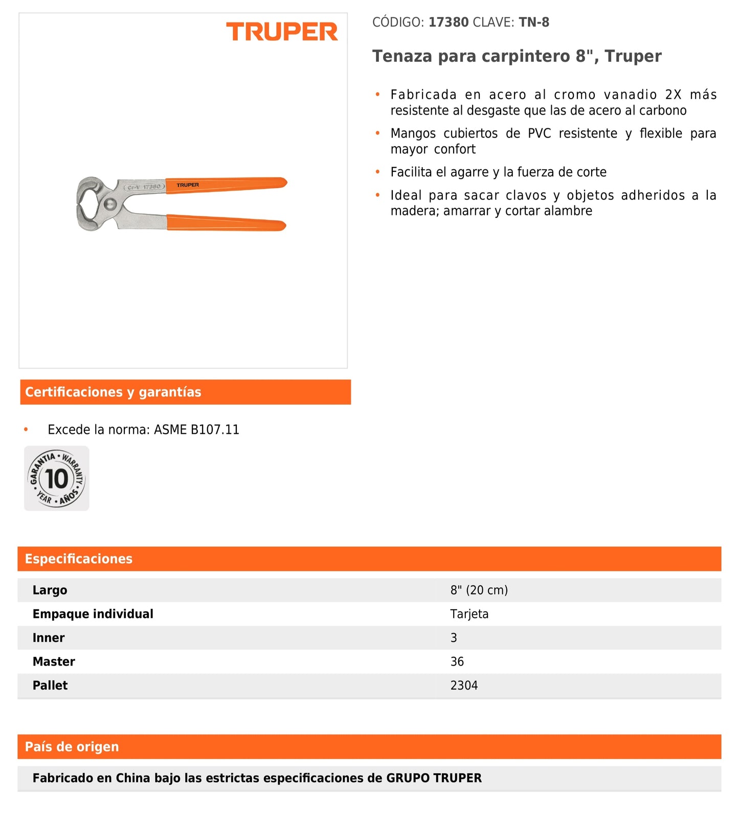 Tenaza para carpintero 8"