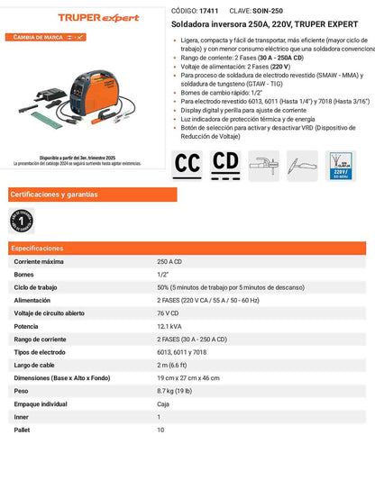 Soldadora inversora 250A de 220V