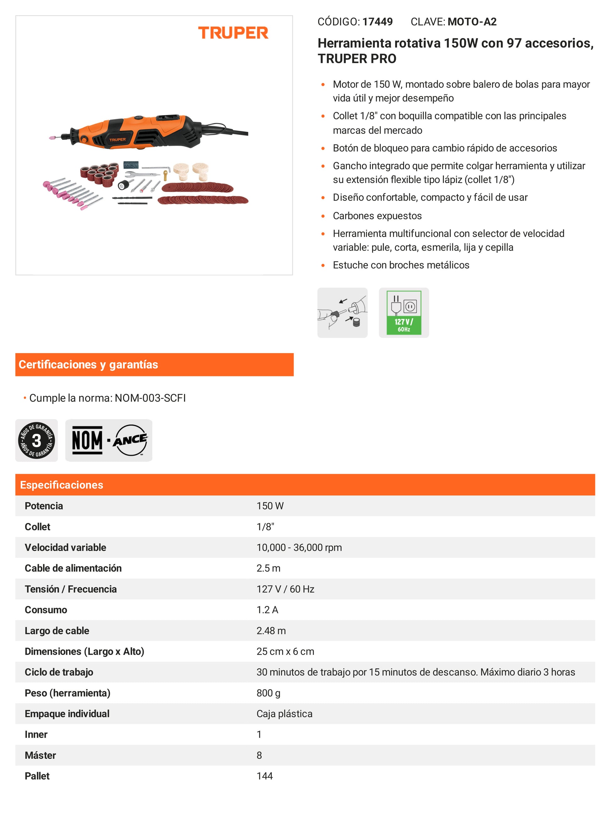 Ficha tecnica - Herramienta rotativa 150W con 97 accesorios - SKU 17449