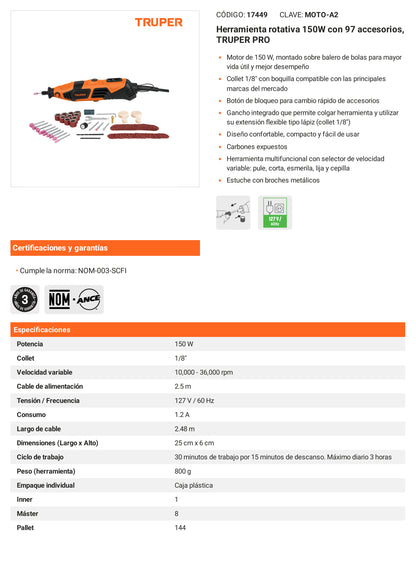 Ficha tecnica - Herramienta rotativa 150W con 97 accesorios - SKU 17449