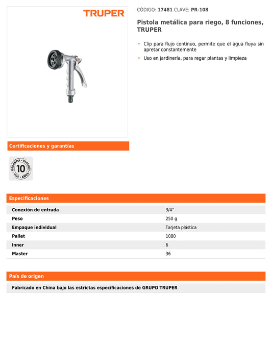 Pistola metálica para riego de 8 funciones