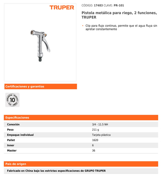 Pistola metálica para riego de 2 funciones