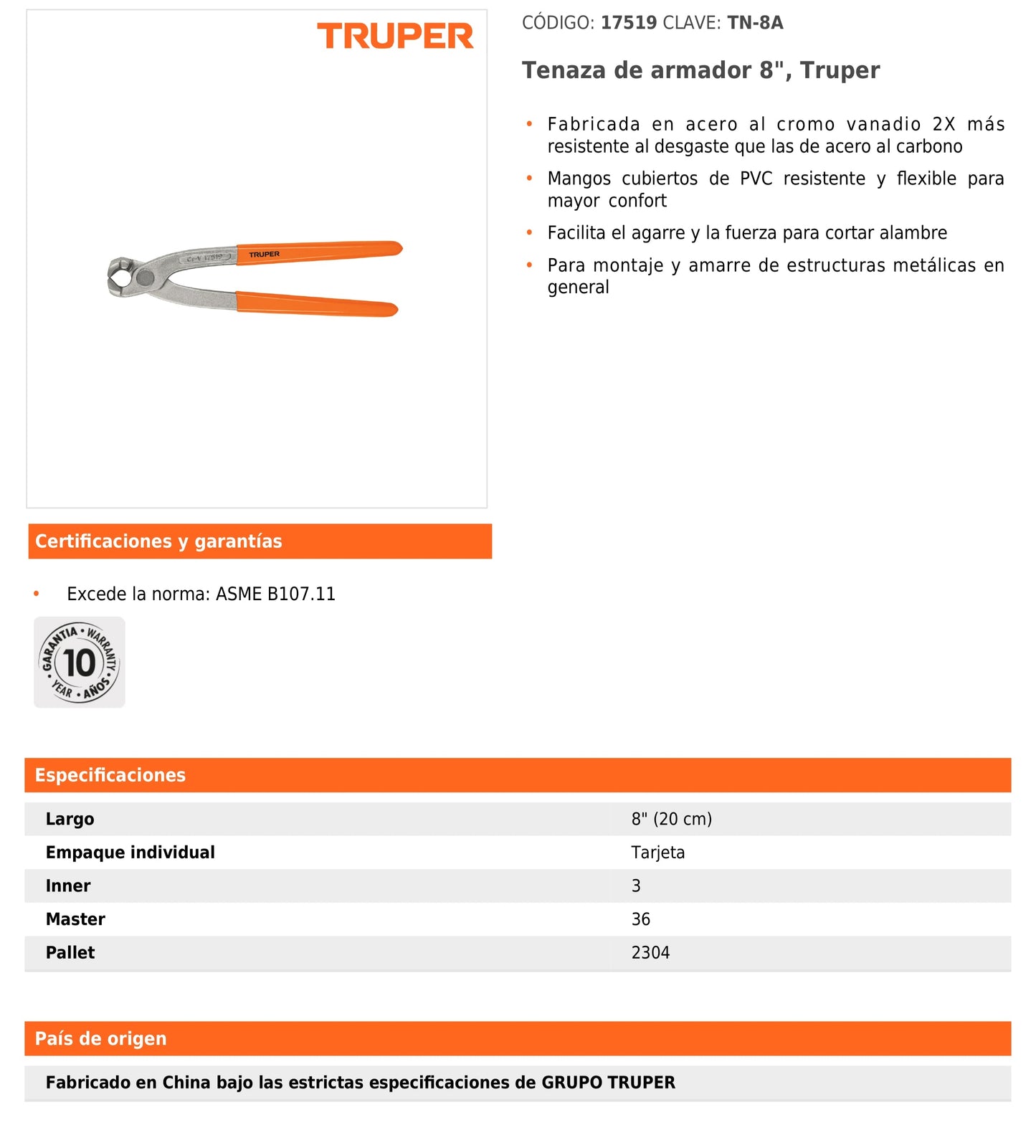 Tenaza de Armador 8"