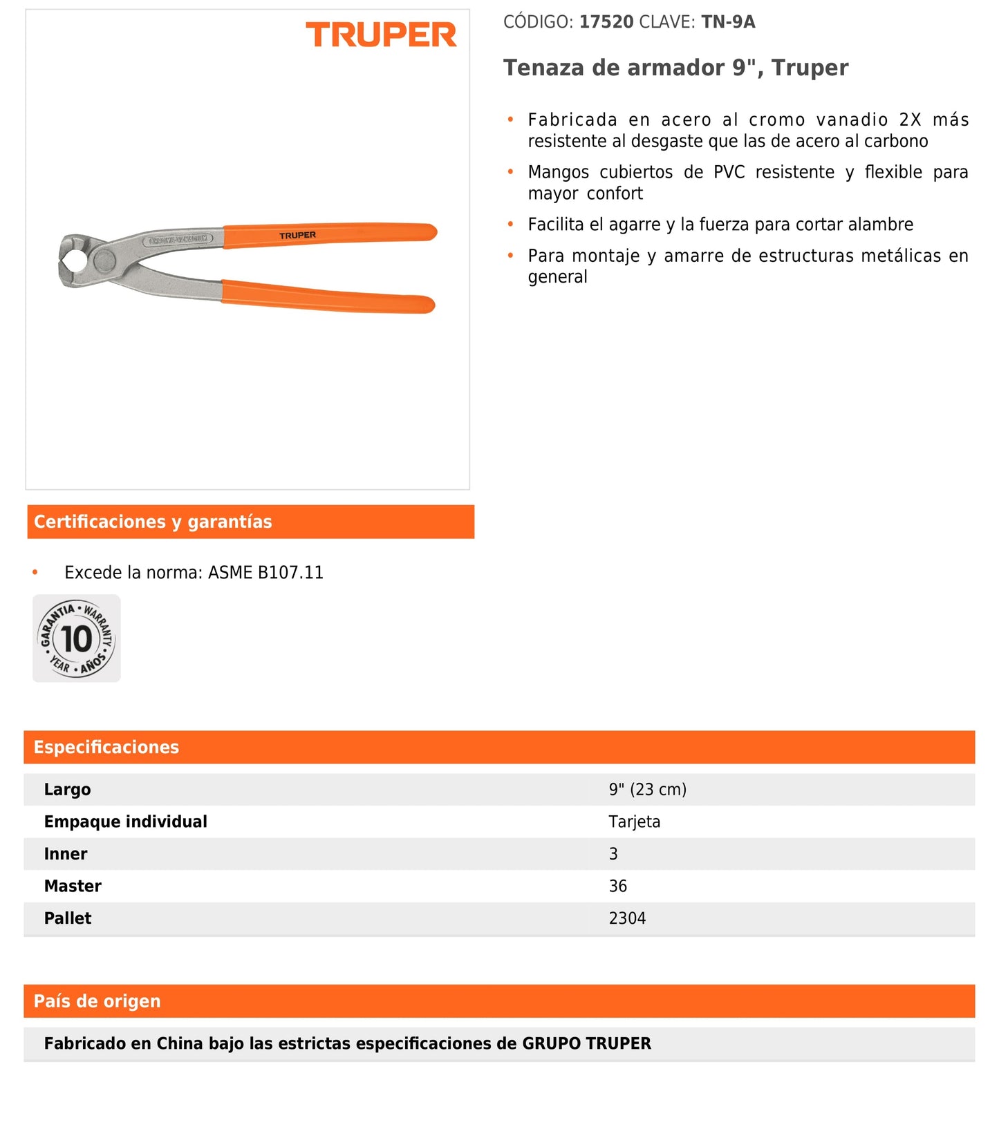 Tenaza de armador 9"