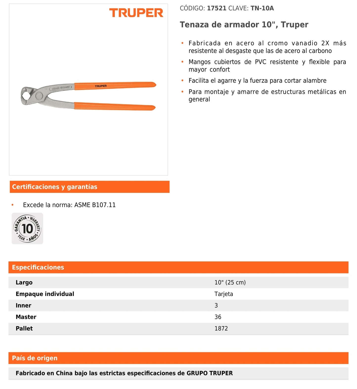 Tenaza de armador 10"