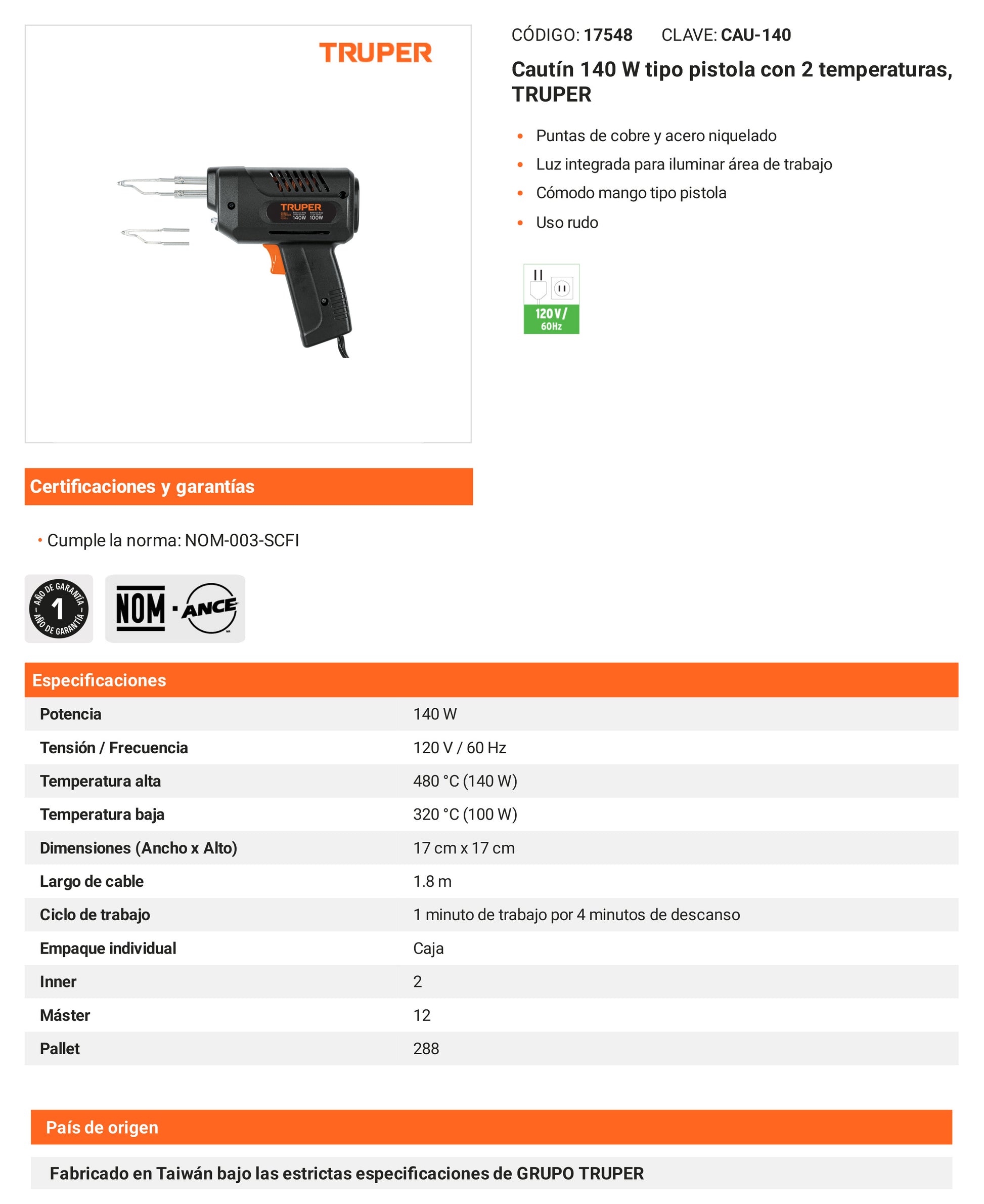 Ficha tecnica - Cautin 140 W tipo pistola - SKU 17548