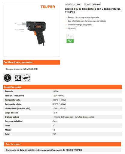 Ficha tecnica - Cautin 140 W tipo pistola - SKU 17548