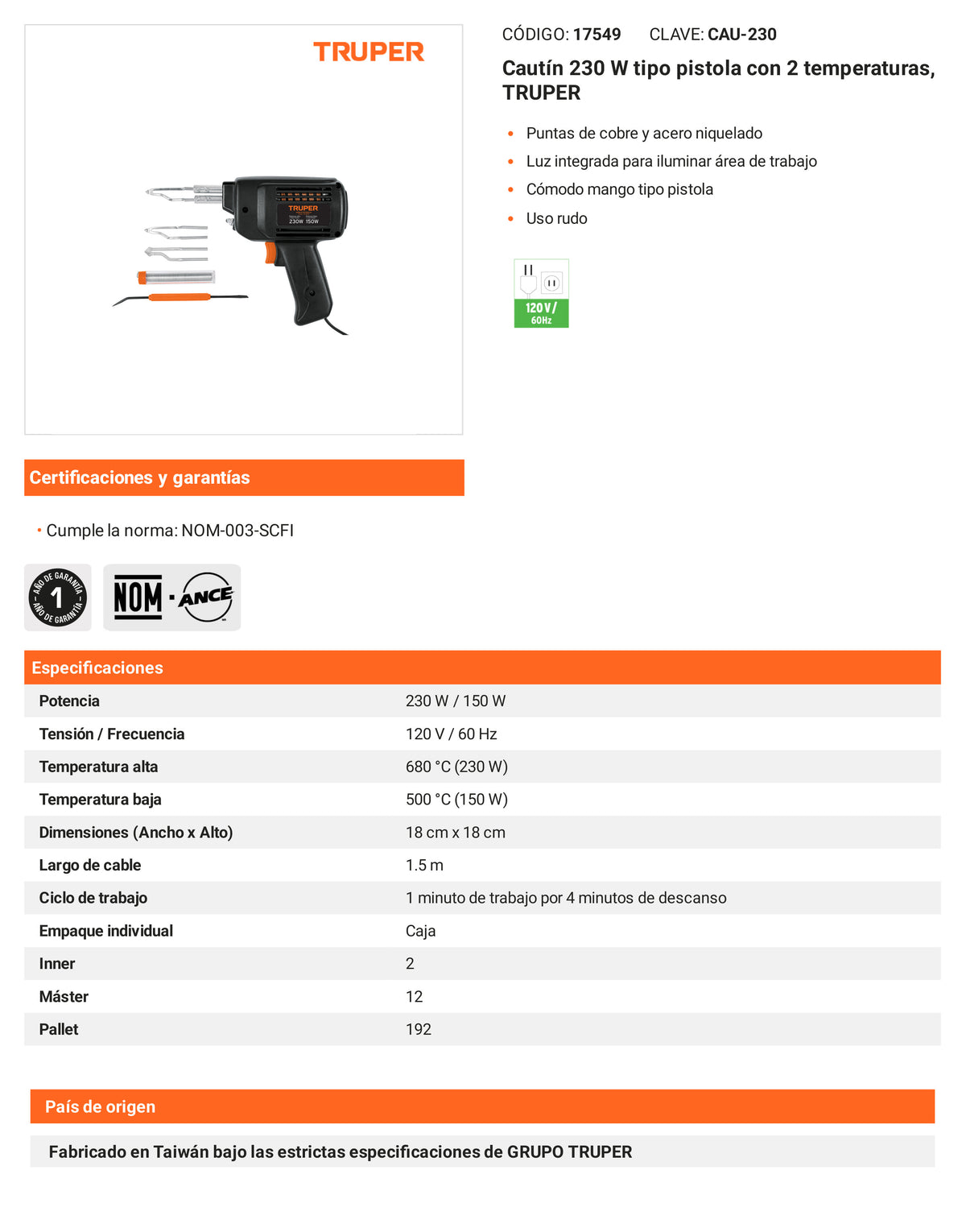 Ficha tecnica - Cautin 230 W tipo pistola - SKU 17549