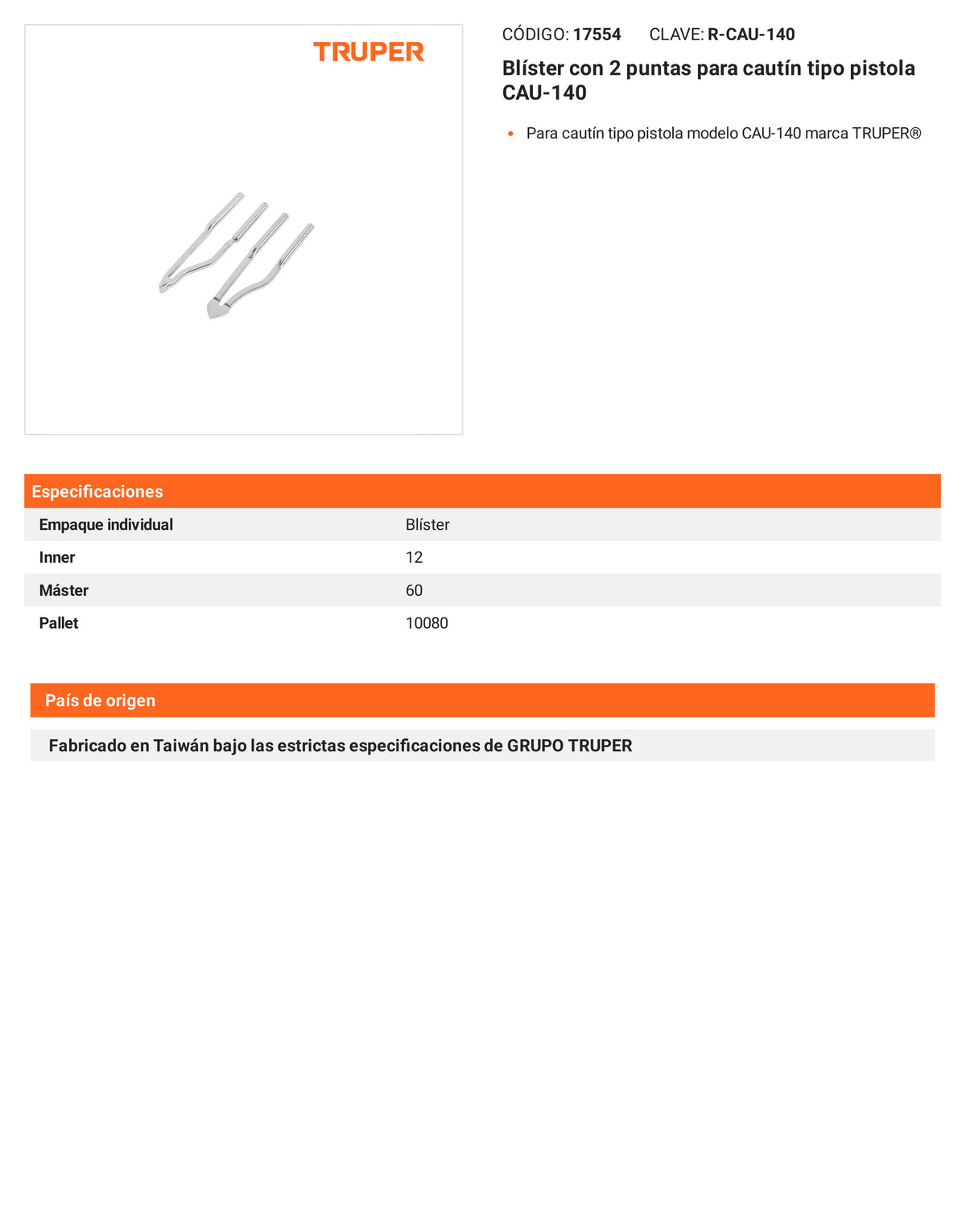 Ficha tecnica - Blister con 2 puntas para cautin CAU-140 - SKU 17554