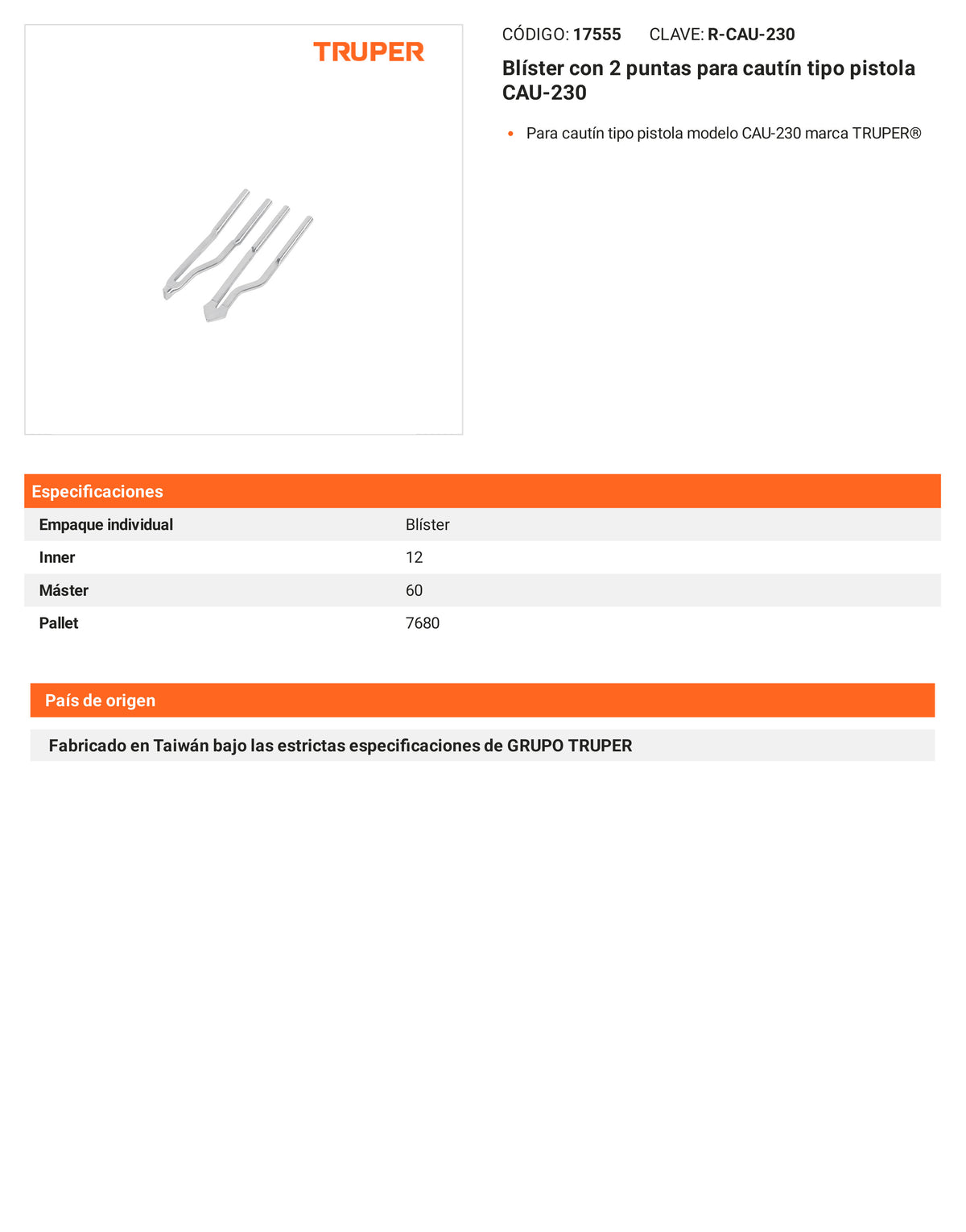 Ficha tecnica - Blister con 2 puntas para cautin CAU-230 - SKU 17555