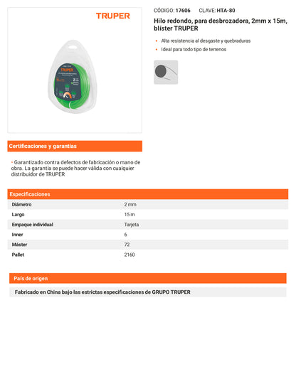 Ficha tecnica - Hilo redondo para desbrozadora 2mm x 15m - SKU 17606