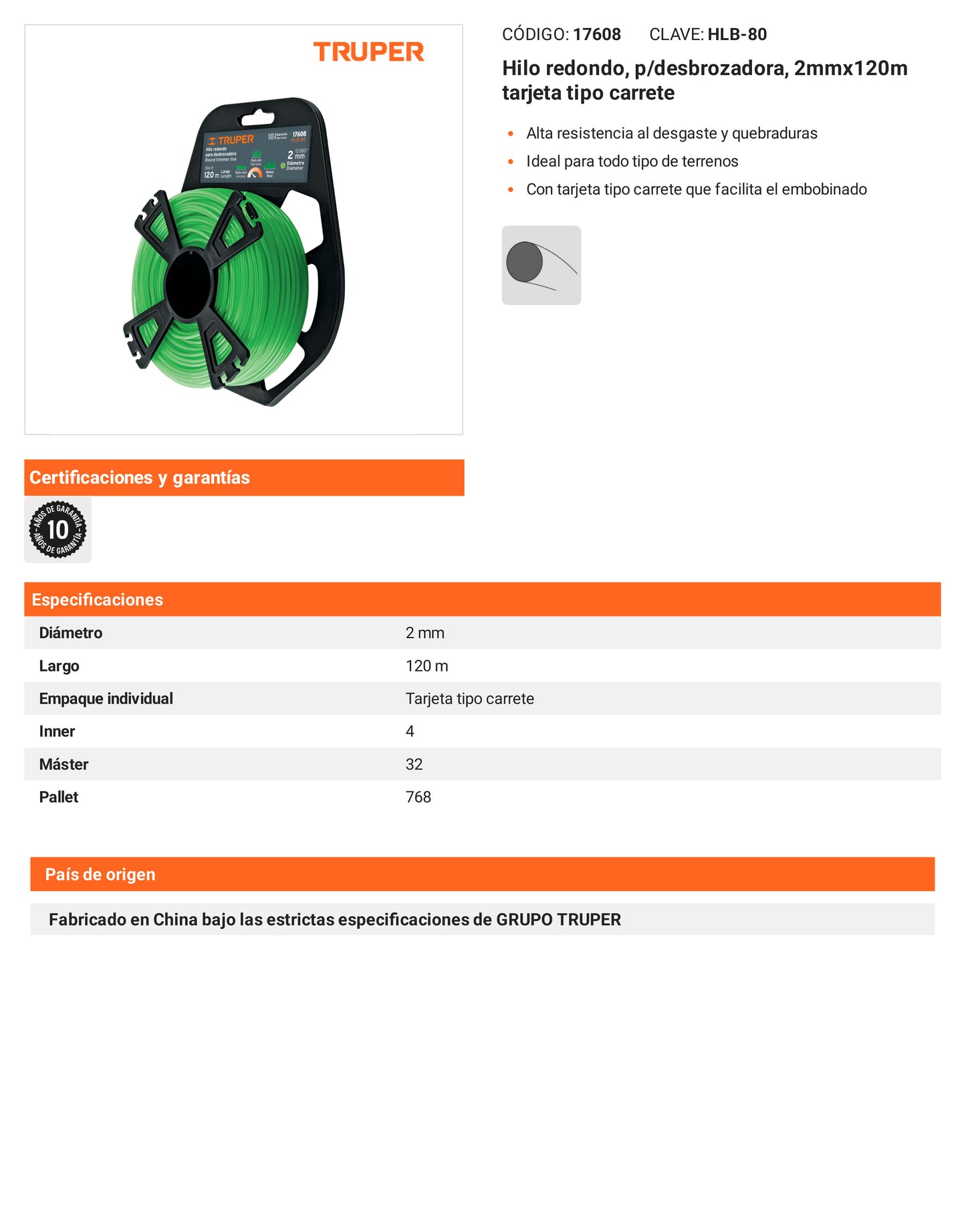 Ficha tecnica - Hilo redondo p/desbrozadora 2mmx120m tarjeta tipo carrete - SKU 17608