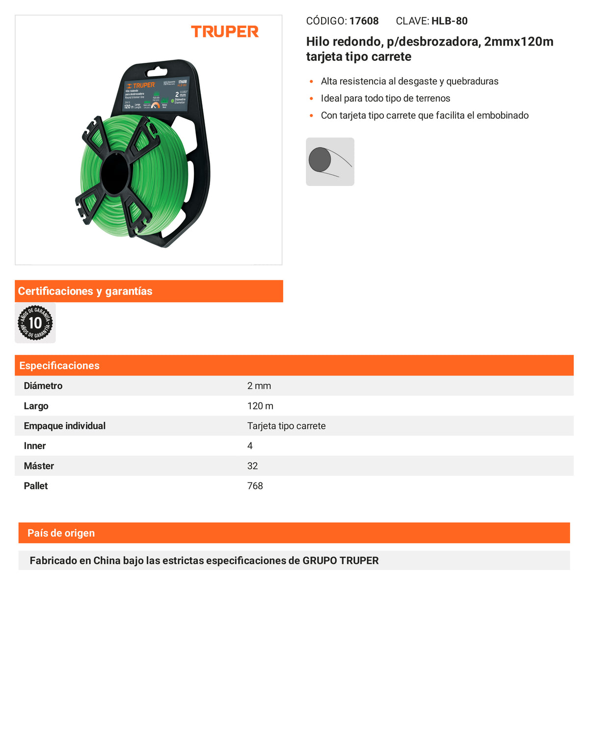Ficha tecnica - Hilo redondo p/desbrozadora 2mmx120m tarjeta tipo carrete - SKU 17608