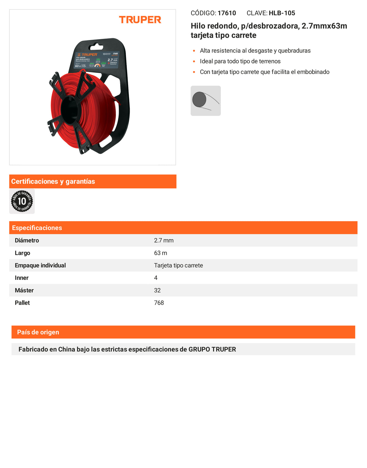 Ficha tecnica - Hilo redondo p/desbrozadora 2.7mmx63m tarjeta tipo carrete - SKU 17610