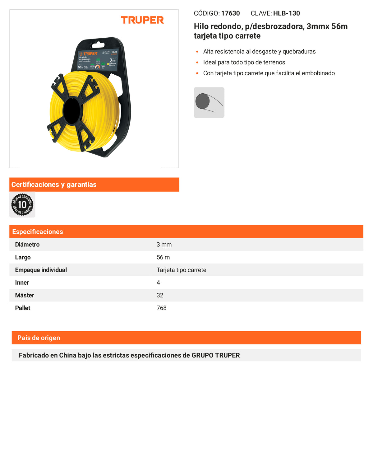 Ficha tecnica - Hilo redondo p/desbrozadora 3mmx 56m tarjeta - SKU 17630