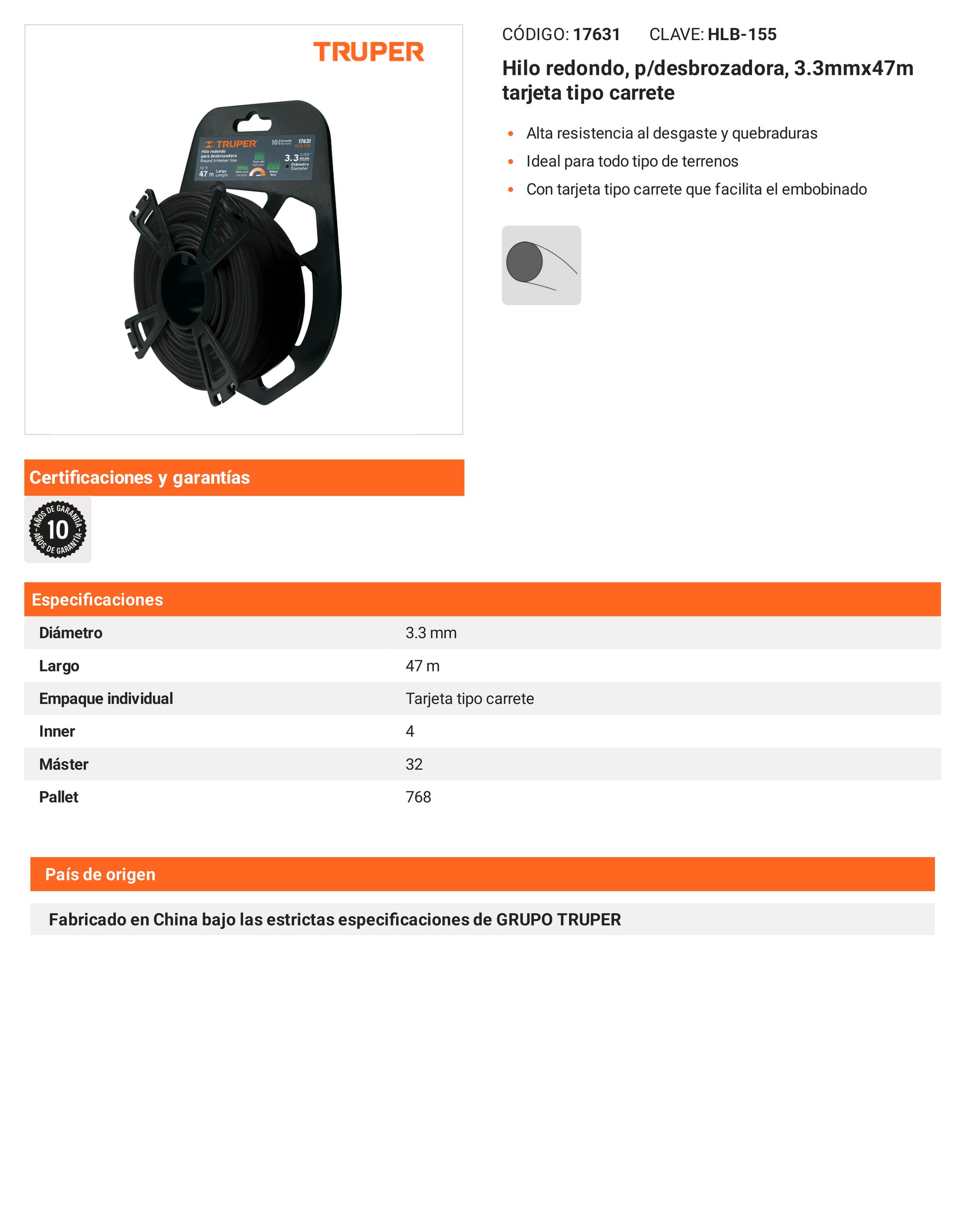 Ficha tecnica - Hilo redondo p/desbrozadora 3.3mmx47m tarjeta tipo carrete - SKU 17631