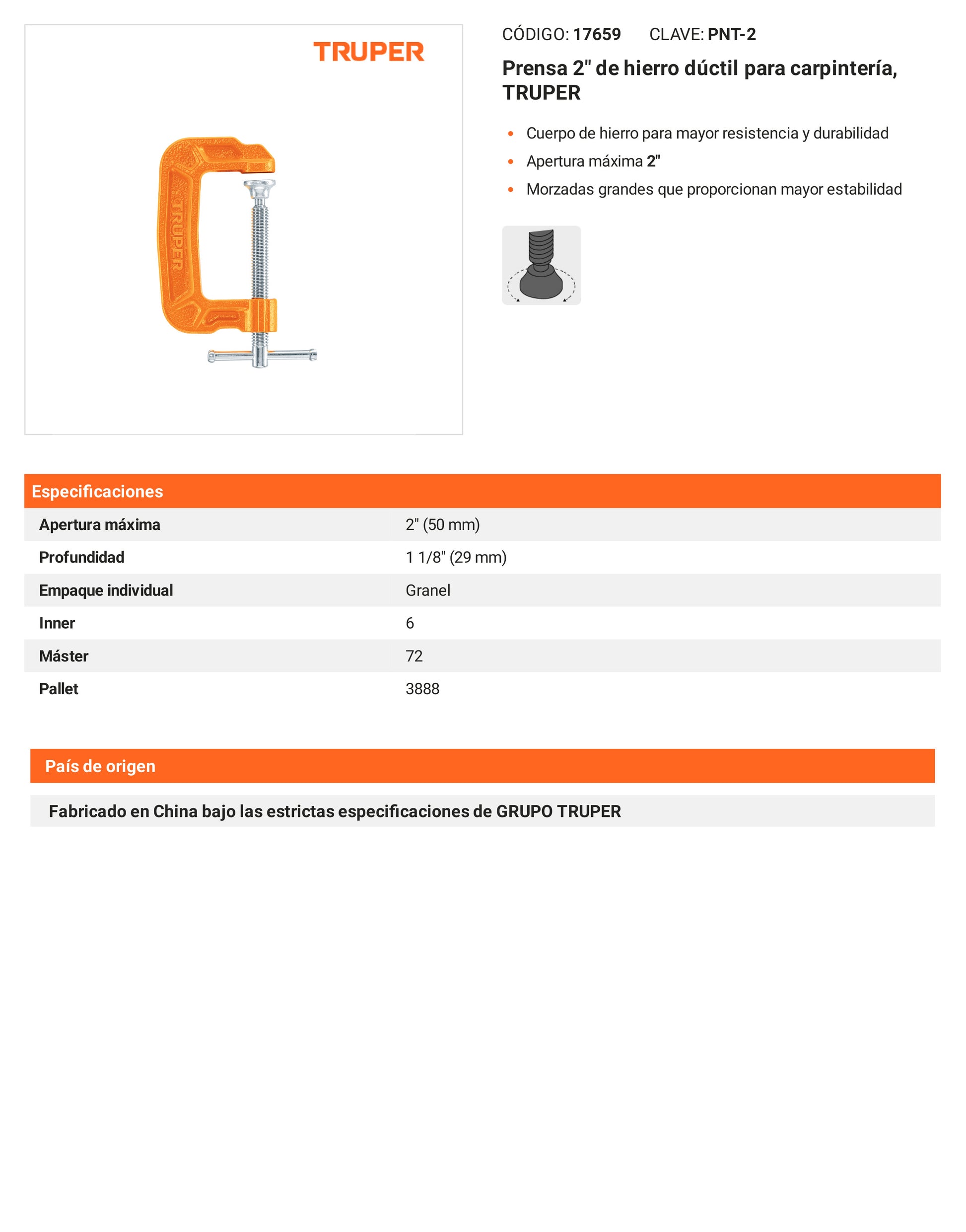 Ficha tecnica - Prensa 2 pulg de hierro ductil para carpinteria - SKU 17659