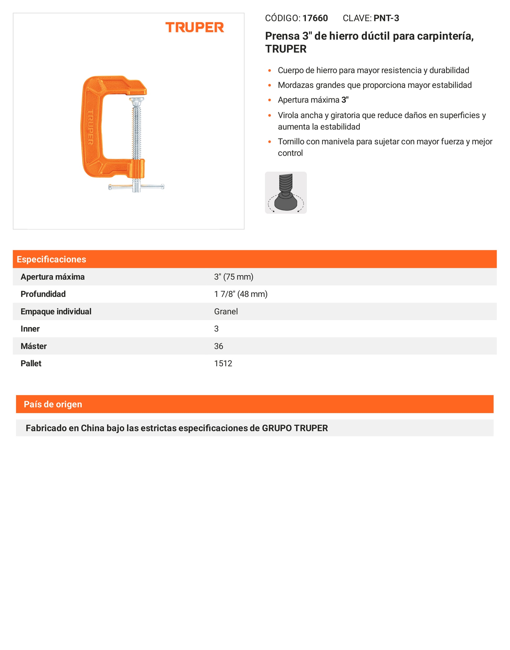 Ficha tecnica - Prensa 3 pulg de hierro ductil para carpinteria - SKU 17660
