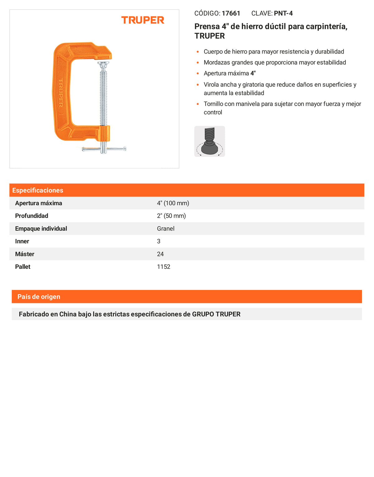 Ficha tecnica - Prensa 4 pulg de hierro ductil para carpinteria - SKU 17661