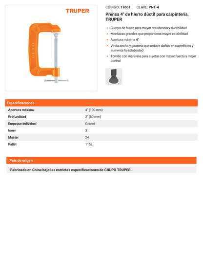 Ficha tecnica - Prensa 4 pulg de hierro ductil para carpinteria - SKU 17661