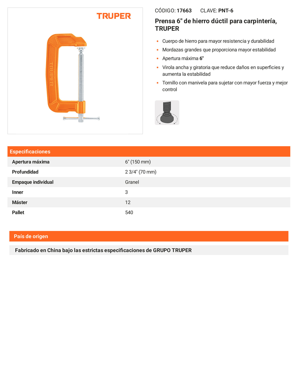 Ficha tecnica - Prensa 6 pulg de hierro ductil para carpinteria - SKU 17663