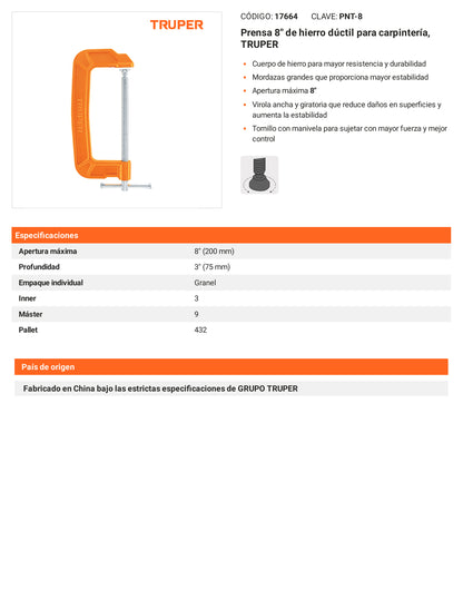Ficha tecnica - Prensa 8 pulg de hierro ductil para carpinteria - SKU 17664