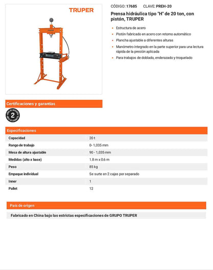 Prensa hidráulica H 20 ton pistón