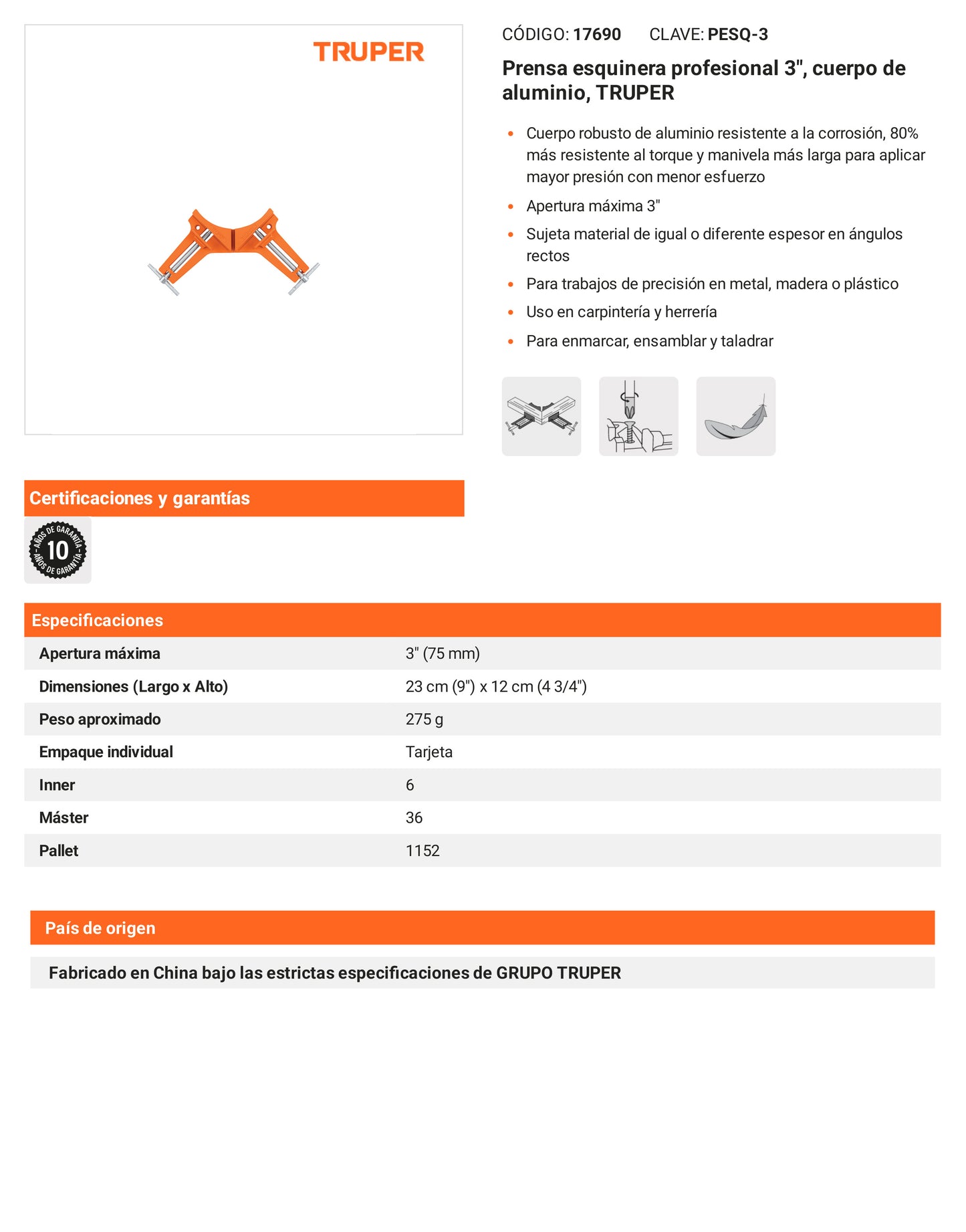 Ficha tecnica - Prensa esquinera profesional 3 pulg cuerpo de aluminio - SKU 17690
