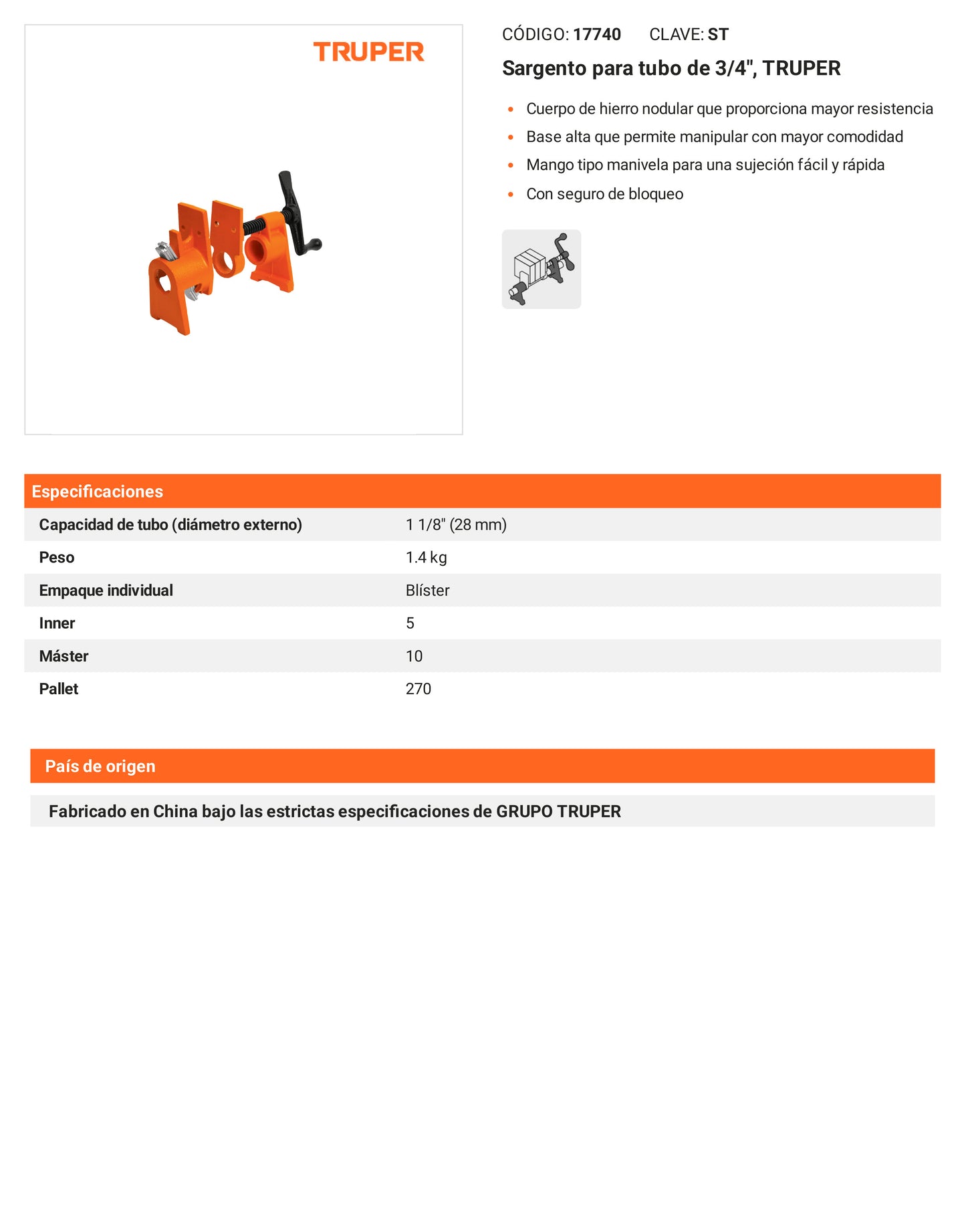 Ficha tecnica - Sargento para tubo de 3/4 pulg - SKU 17740