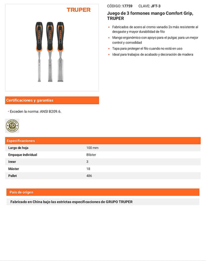 Juego 3 formones mango Comfort Grip