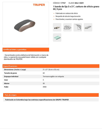 Banda para vidrio 3x21 pulg grano 60