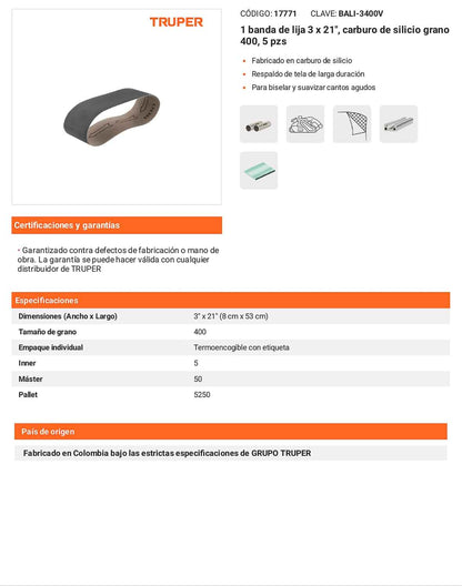 Banda para vidrio 3x21 pulg grano 400