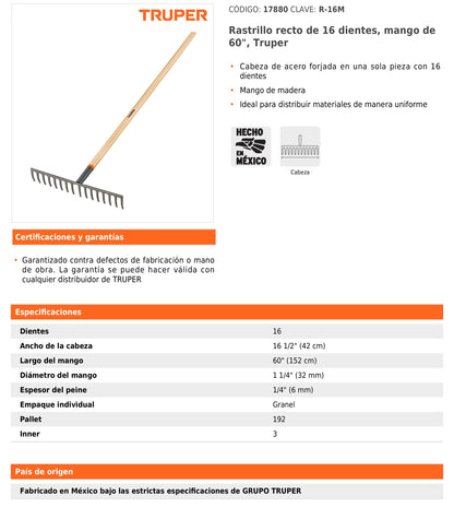 Rastrillo recto de 16 dientes con  mango de 60"