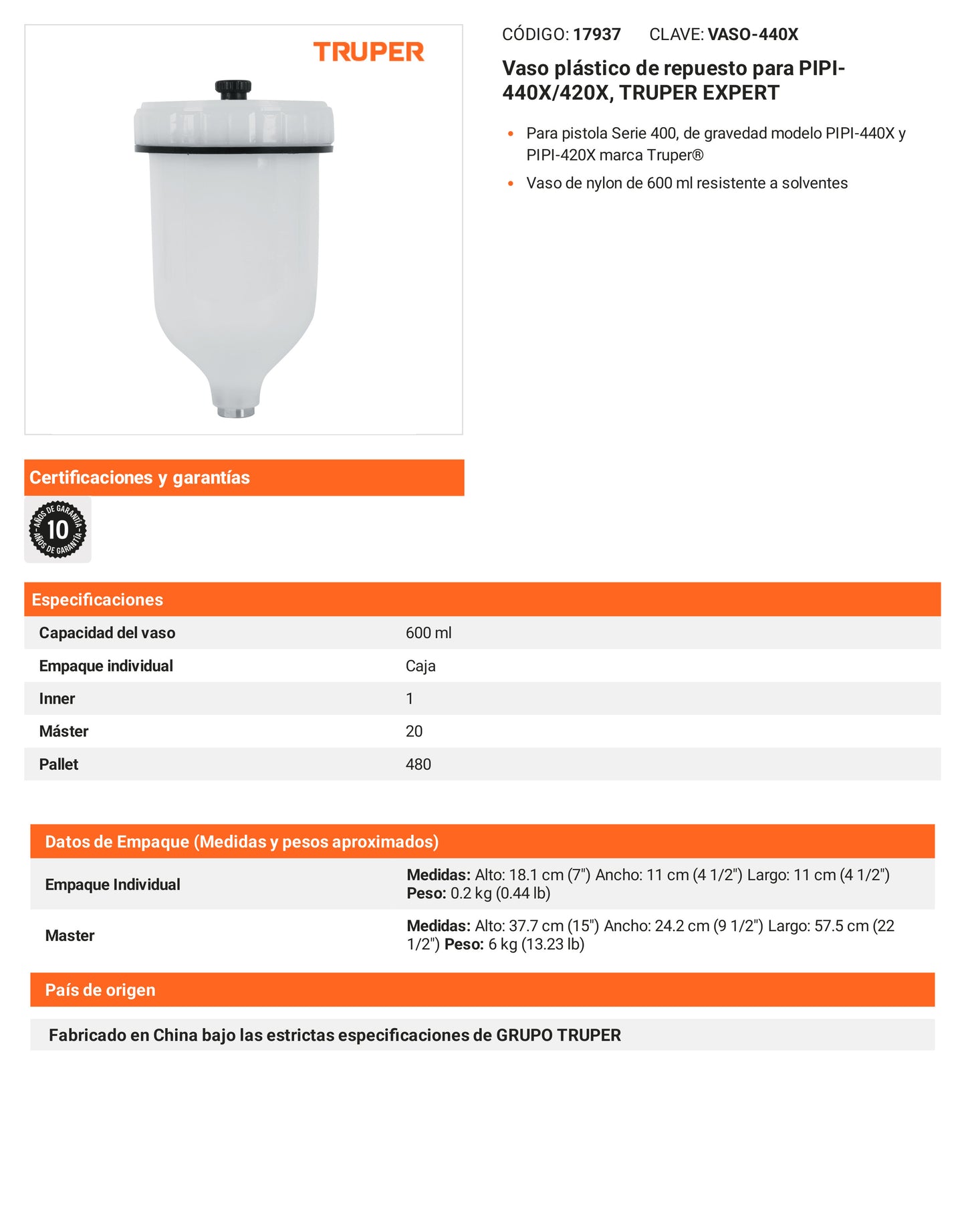 Ficha tecnica - Vaso plastico para PIPI-440X/420X - SKU 17937