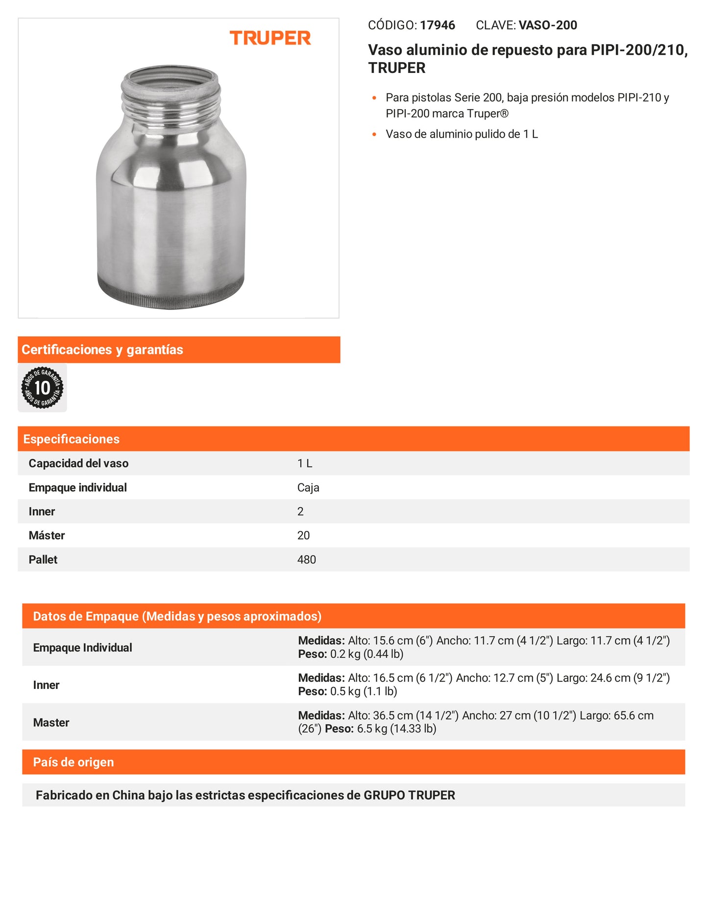 Ficha tecnica - Vaso aluminio para PIPI-200/210 - SKU 17946