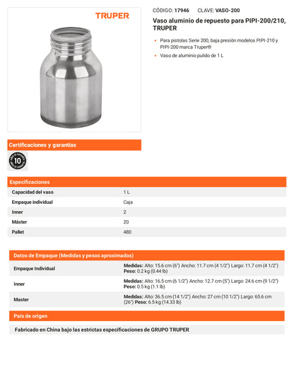 Ficha tecnica - Vaso aluminio para PIPI-200/210 - SKU 17946