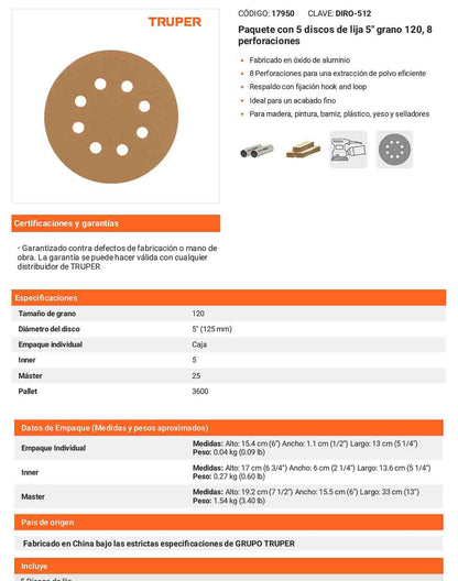 Discos de lija 5 pulg grano 120