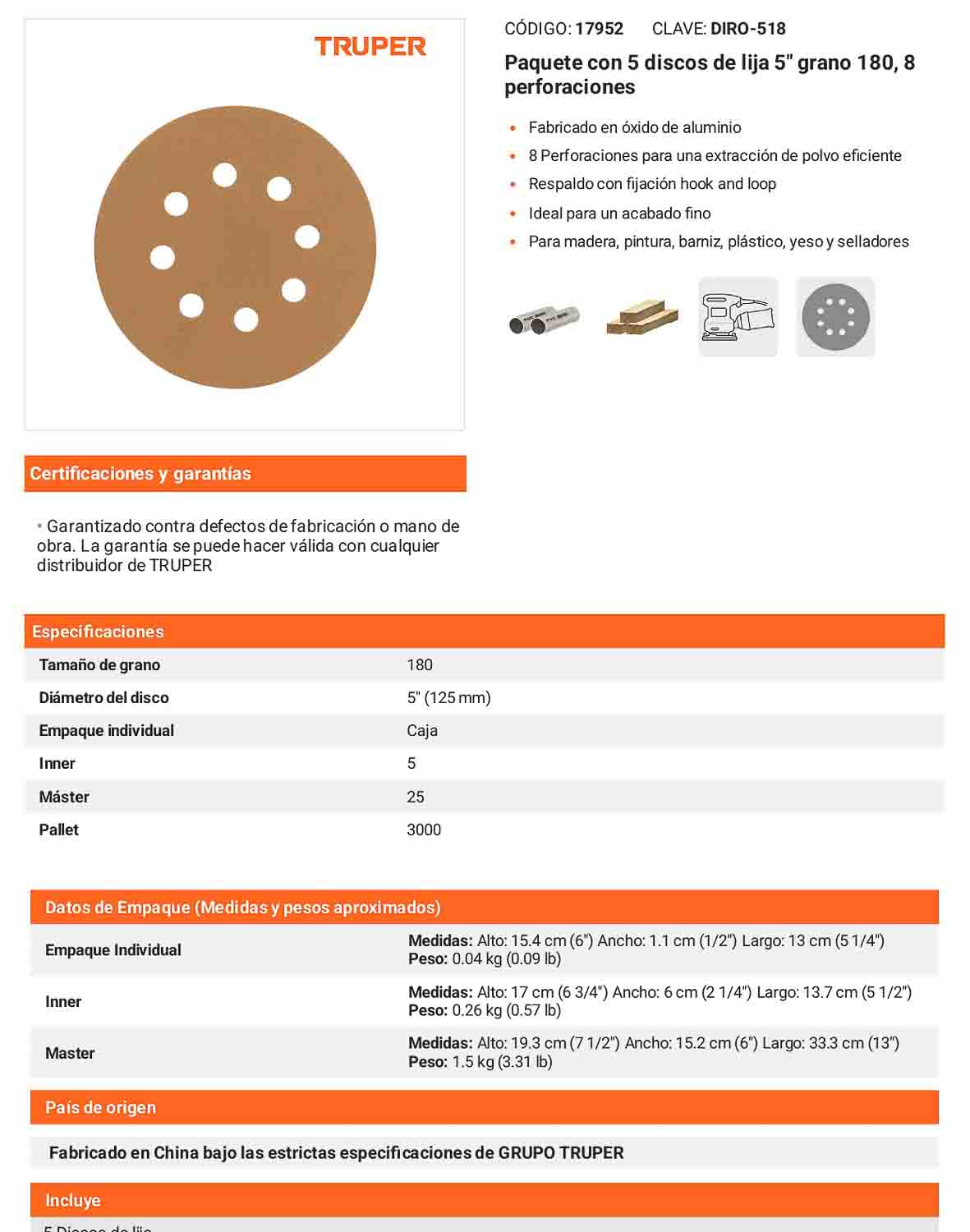 Discos de lija 5 pulg grano 180