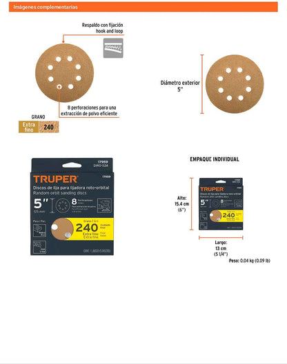 Discos de lija 5 pulg grano 240