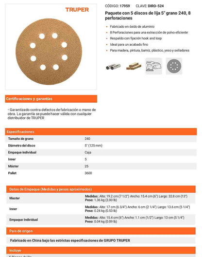 Discos de lija 5 pulg grano 240